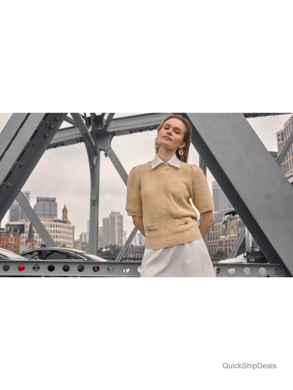 Puff Short Sleeve Cropped Ribbed Knit Lightweight Pullover Crewneck Sweater
